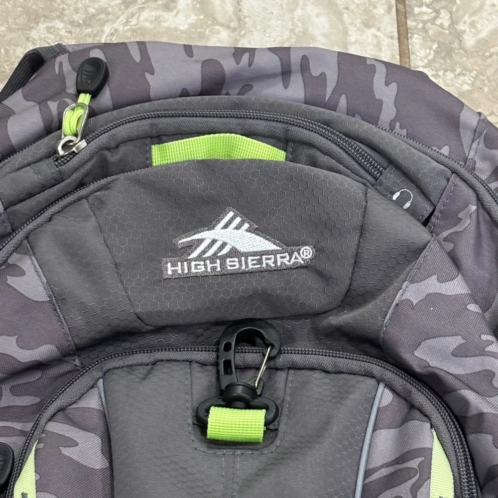 High Sierra Grey Camo Backpack Lime Green Suspension Strap School Hiking Bag